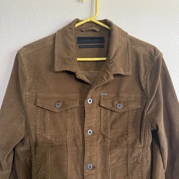 Zara Mens Trucker Corduroy Jacket Brown Button Front Casual Size Small Tan Camel - Picture 5 of 12
